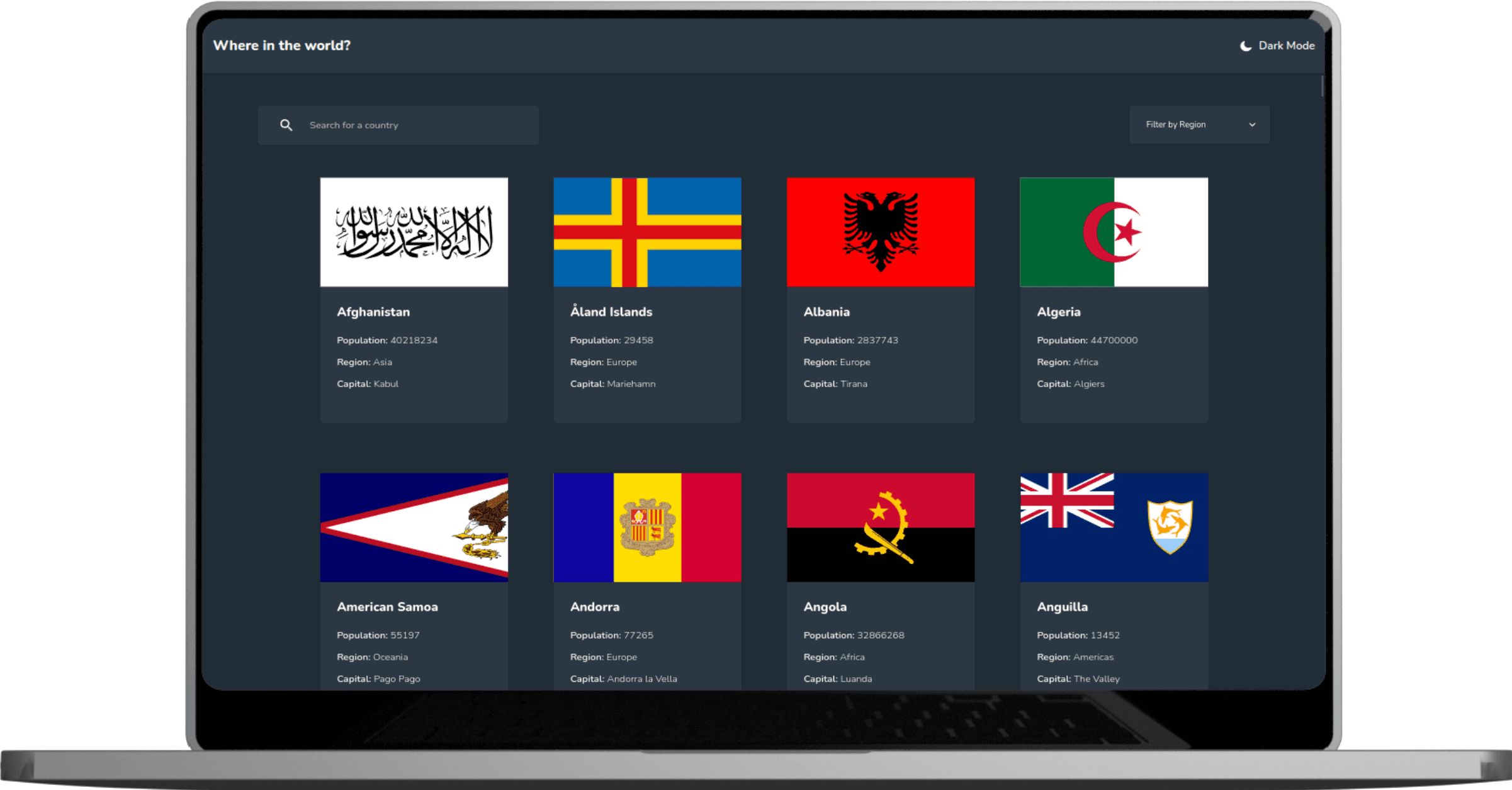 Screenshot from the countries project