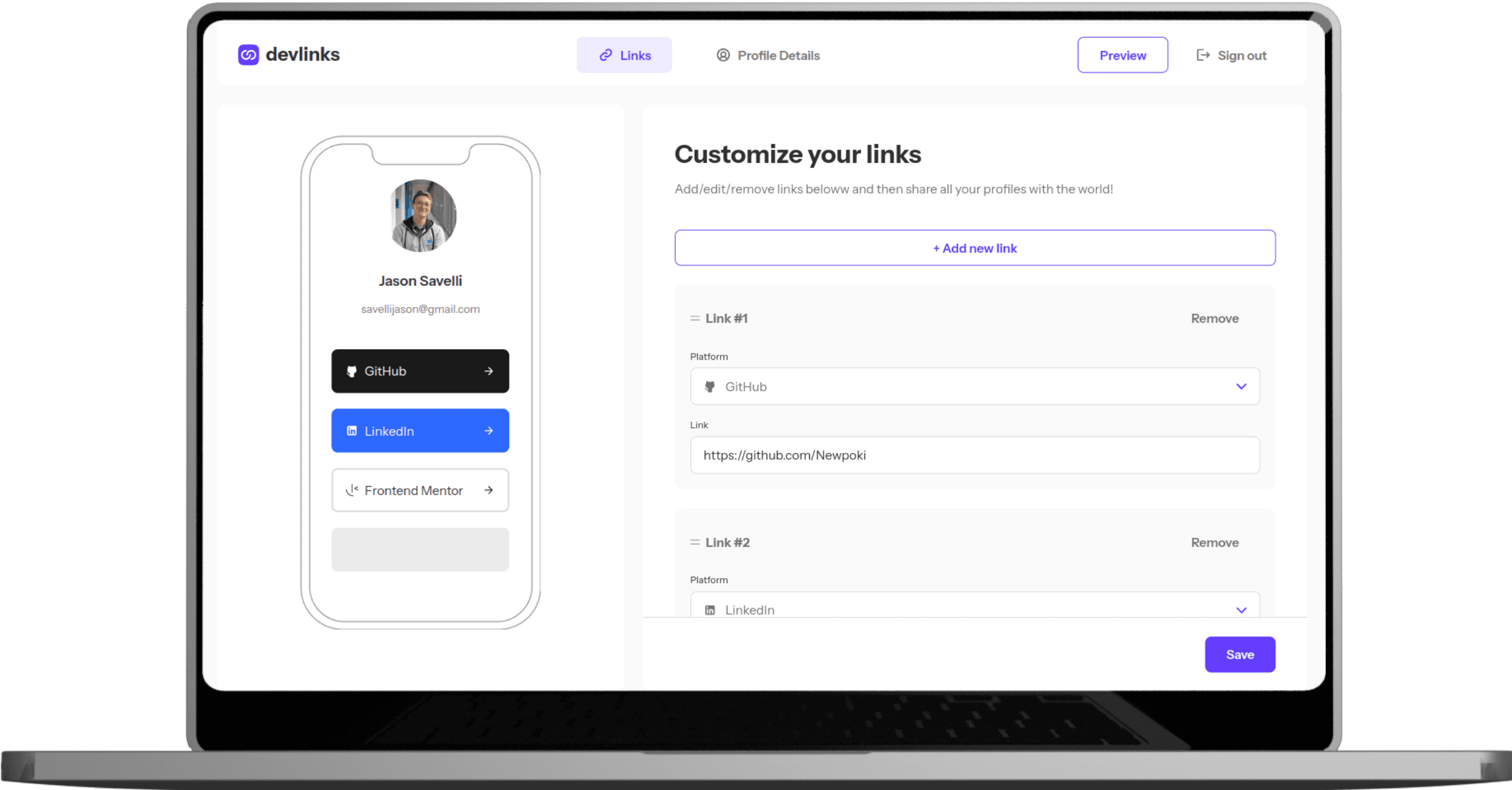 Screenshot from the devlinks project
