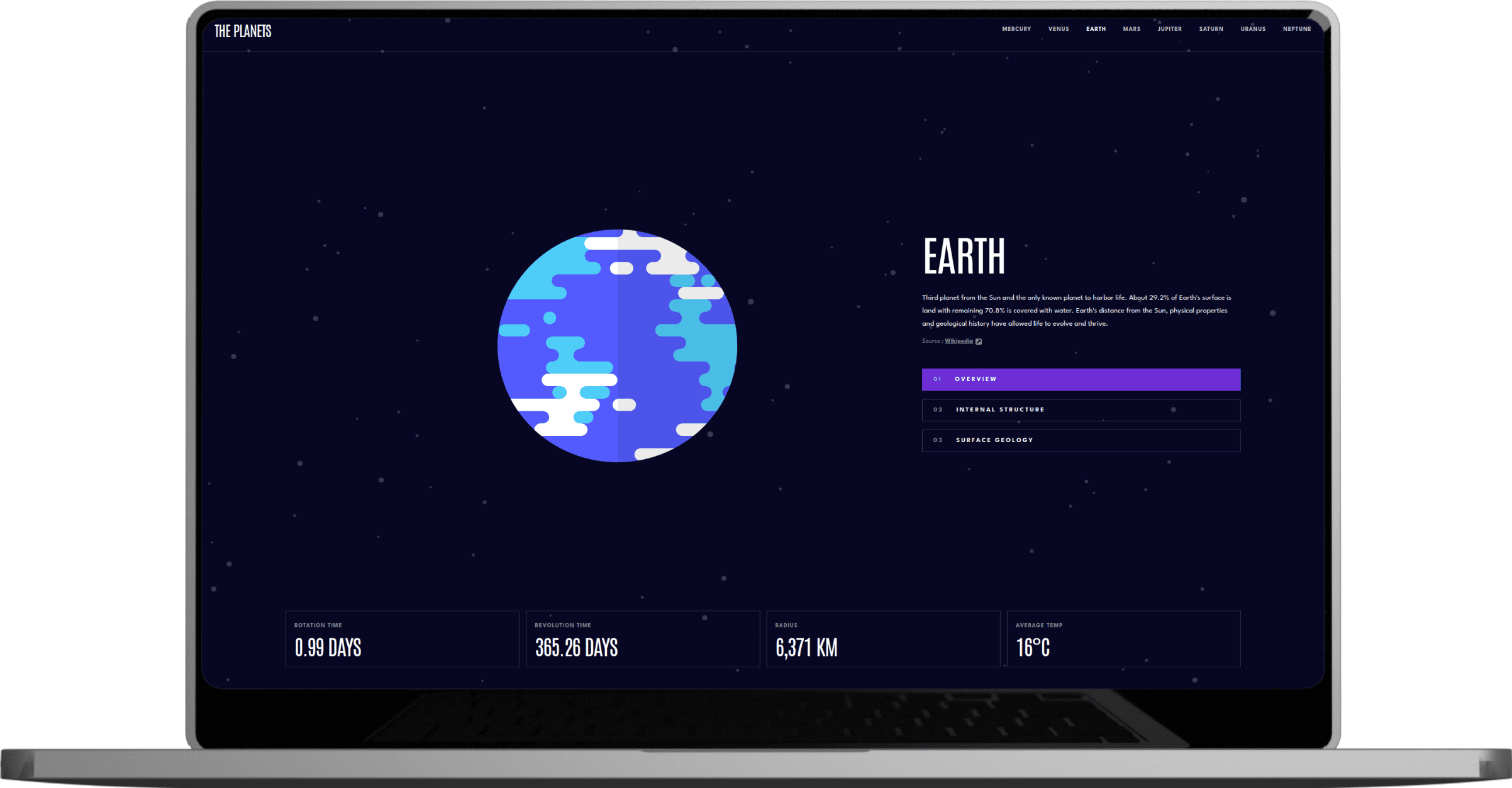 Screenshot from the planets facts project